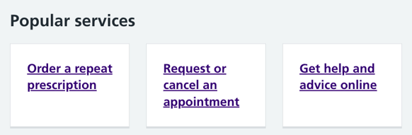 Screenshot from the homepage of a practice website, showing the "Get help and advice online" tile